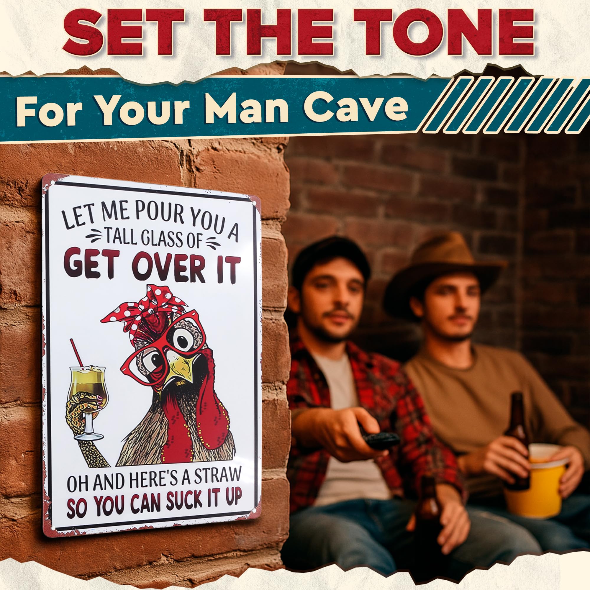 Let Me Pour You a Tall Glass of Get Over It Tin Sign 8x12 - Metal Funny Chicken Coop Signs for Outside - Rustic Tin Farmhouse Wa